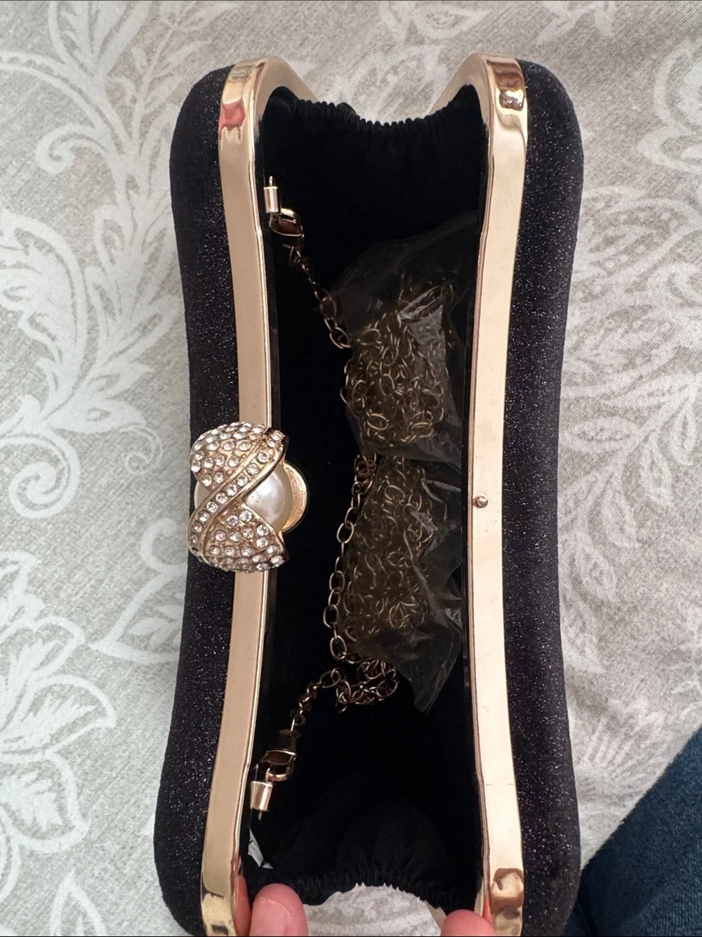 Elegant Black Velvet Clutch with Pearl Accent